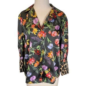 Who What Wear Black Floral Satin Button-Down Blouse – Size Small NWOT Wide Cuffs